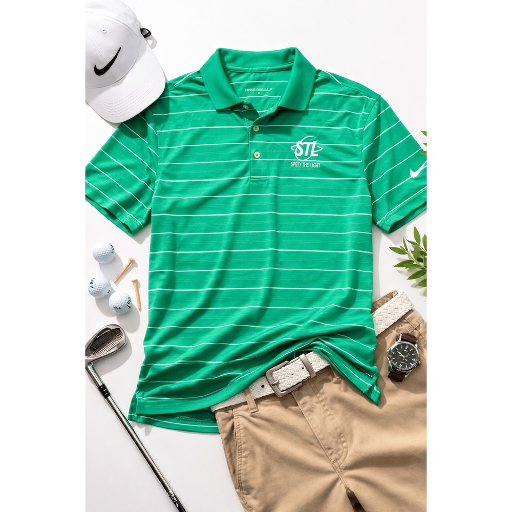 Nike Golf Polo Shirt Mens Medium Green Striped  Dri-FIT Gorpcore Speed The Light